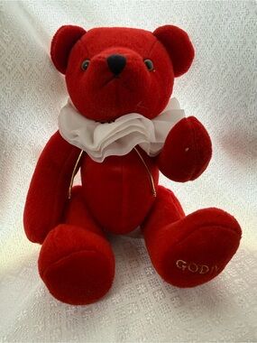 Diva Red Plush Bear with White Ruffle Collar and Gold Foot Accent